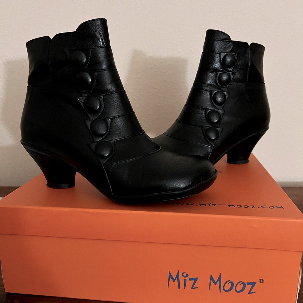 Black Victorian-style low-heel booties from Miz Mooz.